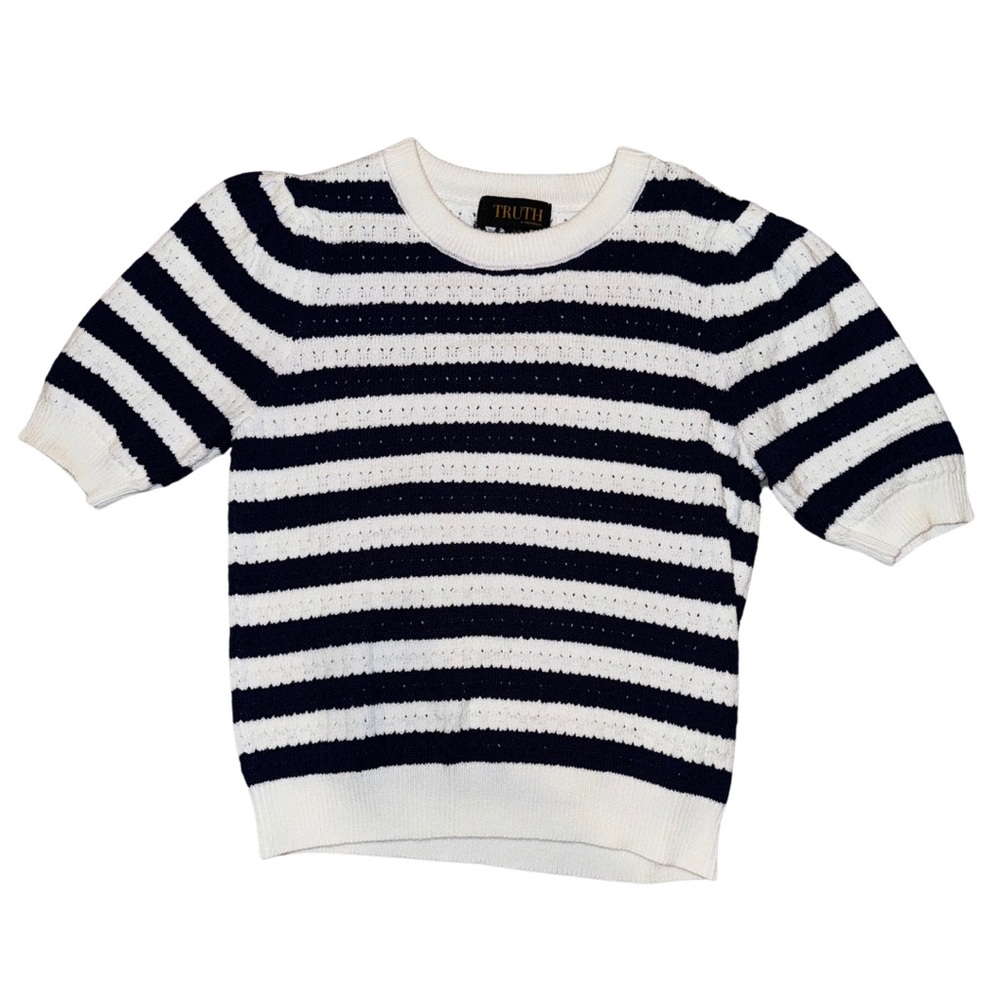 Navy Blue & White Striped Knit Sweater Shirt